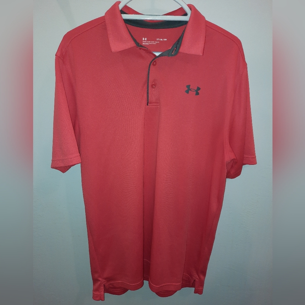 Under Armour Size Large Men's Bright Coral & Gray Polo Golf Shirt EUC